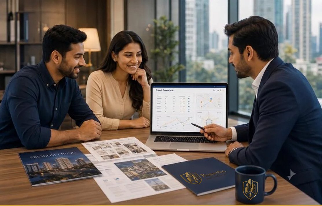 Advisor reviewing project comparison with a couple